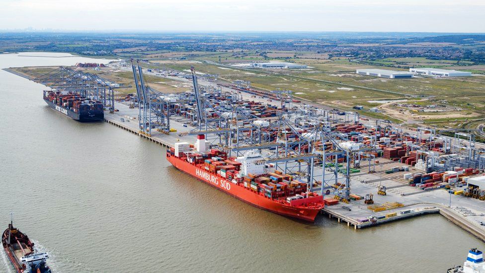 Container ship berthed at DP World London Gateway