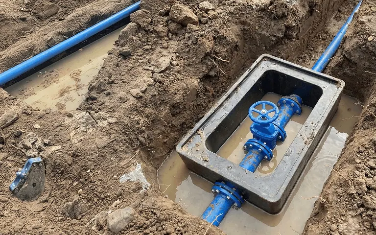 Valve chamber installed over a water main in an excavated trench