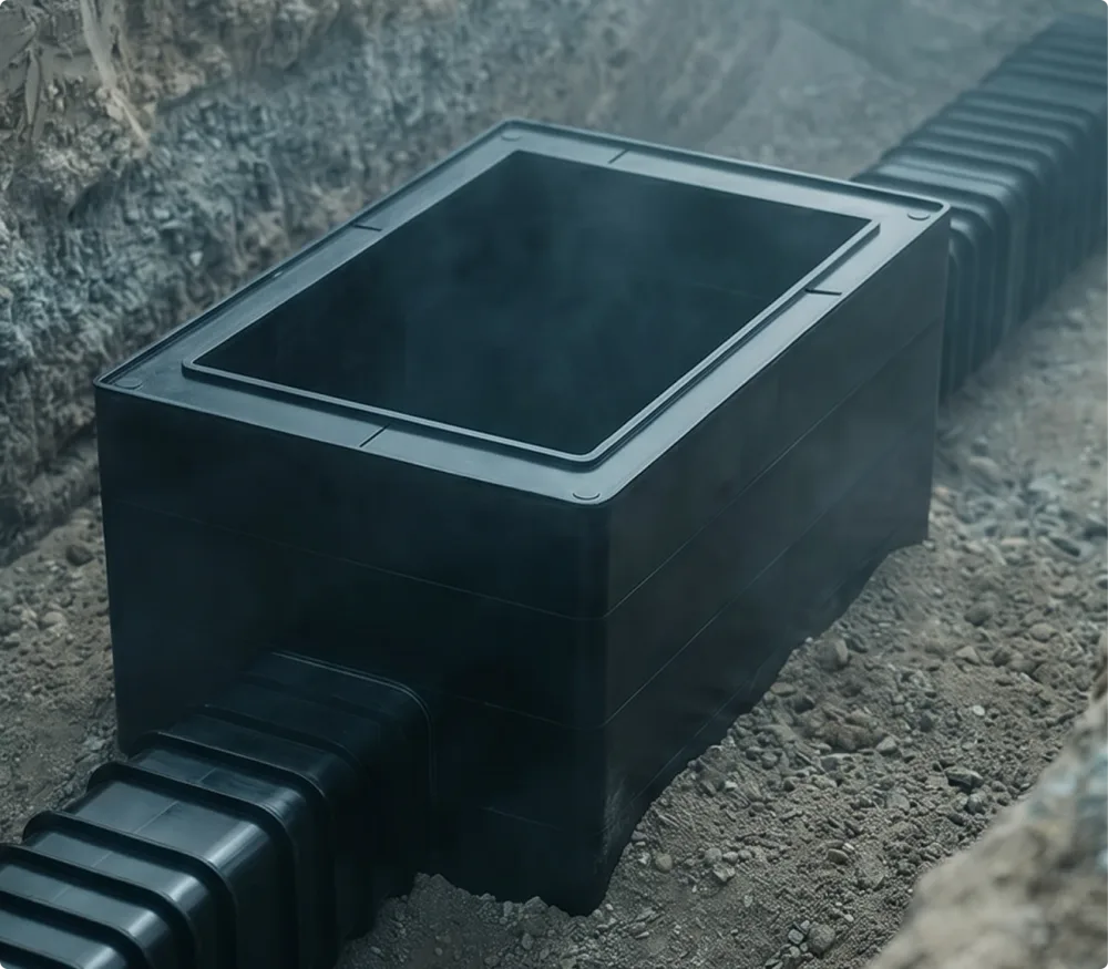 EasyPIT® ULTRA access chamber installed in a trench with ducts entering both ends