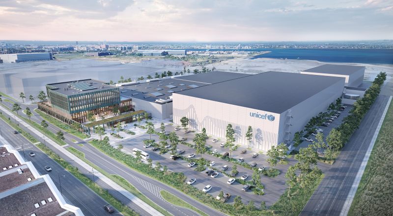 Aerial rendering of UNICEF's CAMPUS 4 humanitarian warehouse in Nordhavn, Copenhagen